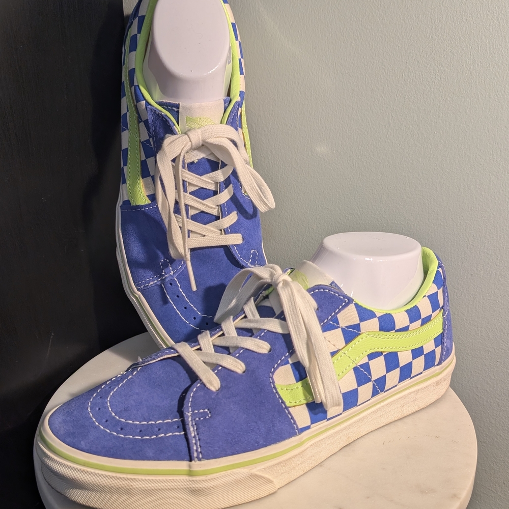 Vans💙💚 M9/W10.5 Blue & Green Checkered Suede/Canvas Sneakers Bold Bright Neon